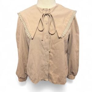 YIKU Women’s Tan button down blouse w/ ruffled oversized Peter Pan Doll collar